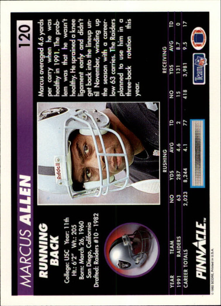 1992 Pinnacle #120 Marcus Allen back image