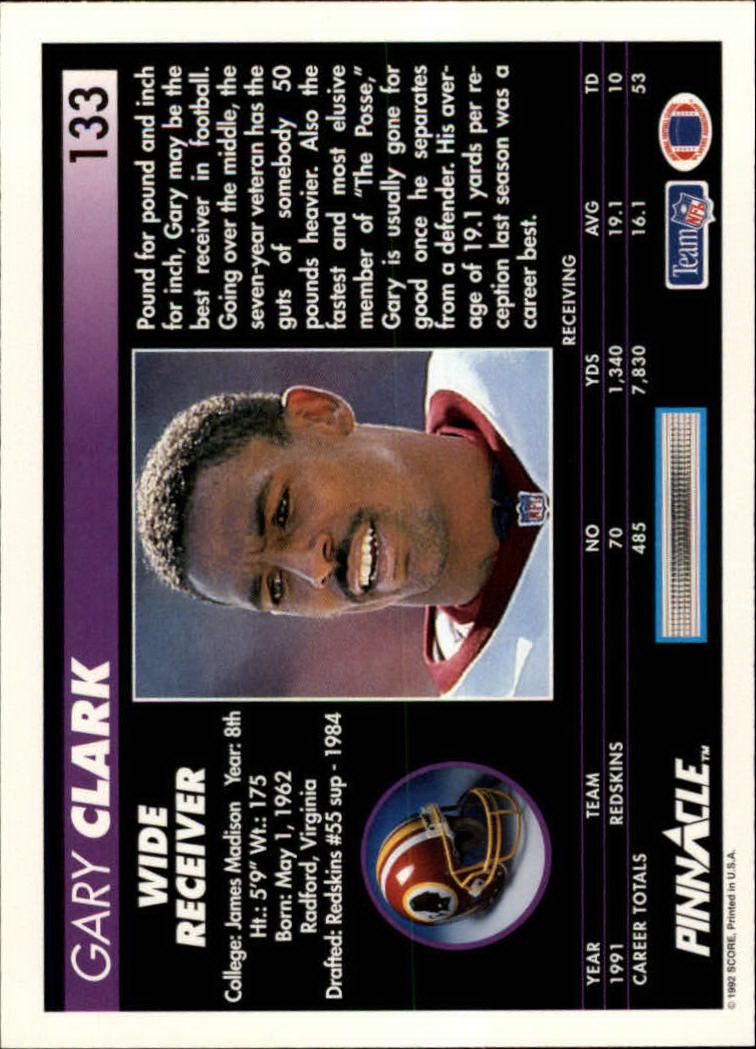 1992 Pinnacle #133 Gary Clark back image