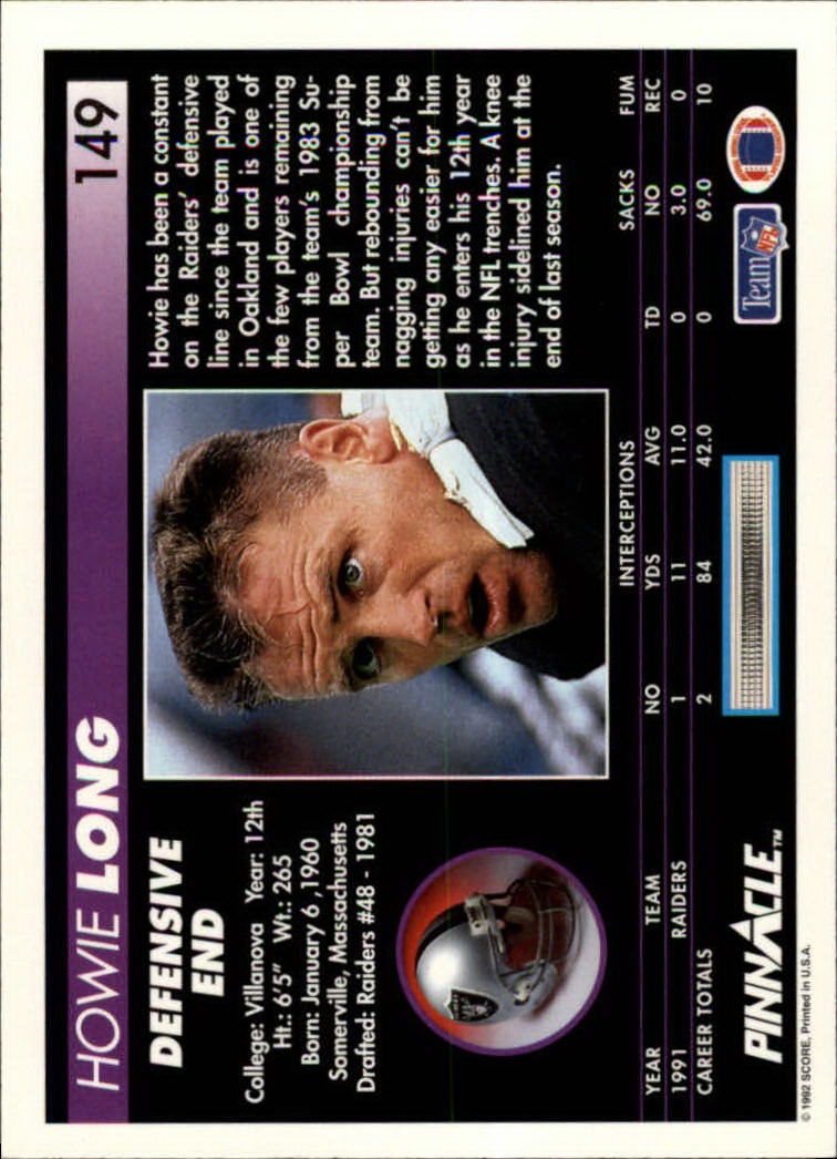 1992 Pinnacle #149 Howie Long back image