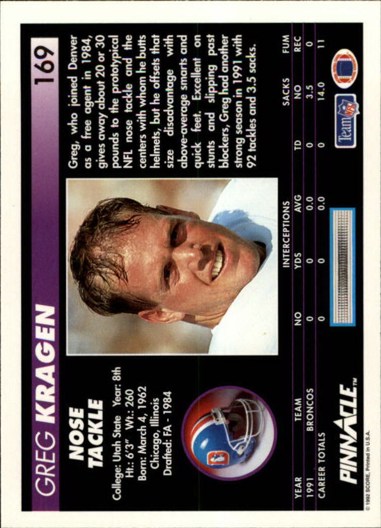 1992 Pinnacle #169 Greg Kragen back image