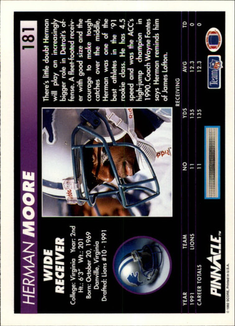 1992 Pinnacle #181 Herman Moore back image