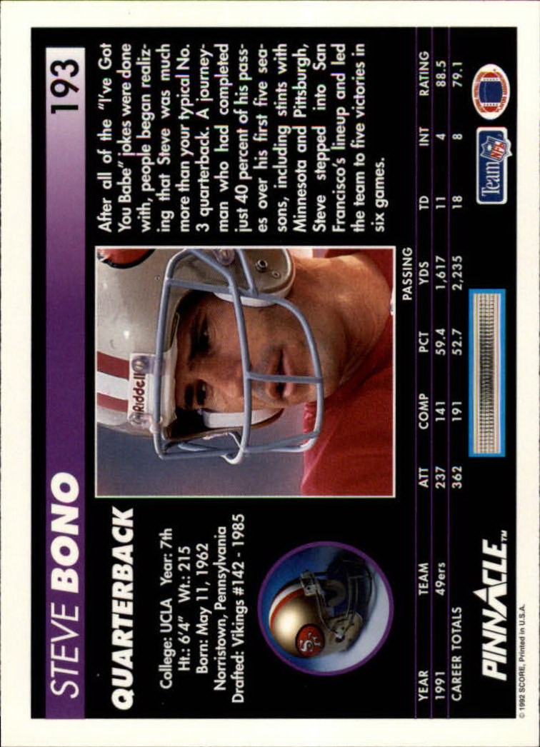 1992 Pinnacle #193 Steve Bono RC back image