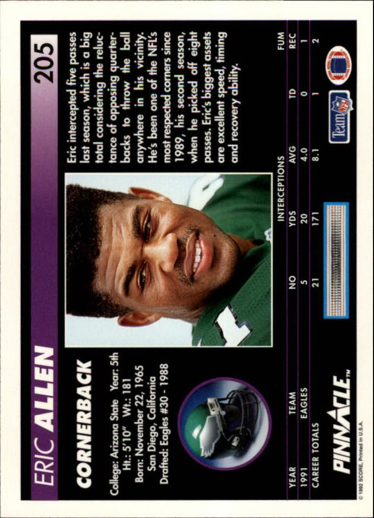 1992 Pinnacle #205 Eric Allen back image