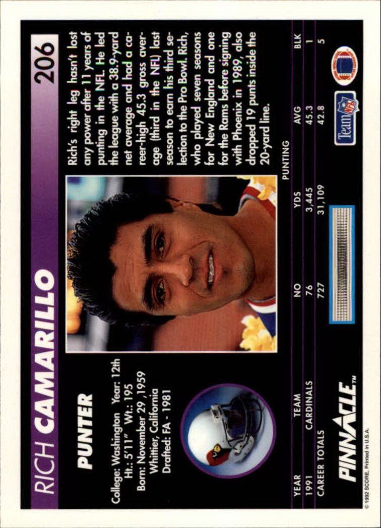 1992 Pinnacle #206 Rich Camarillo back image