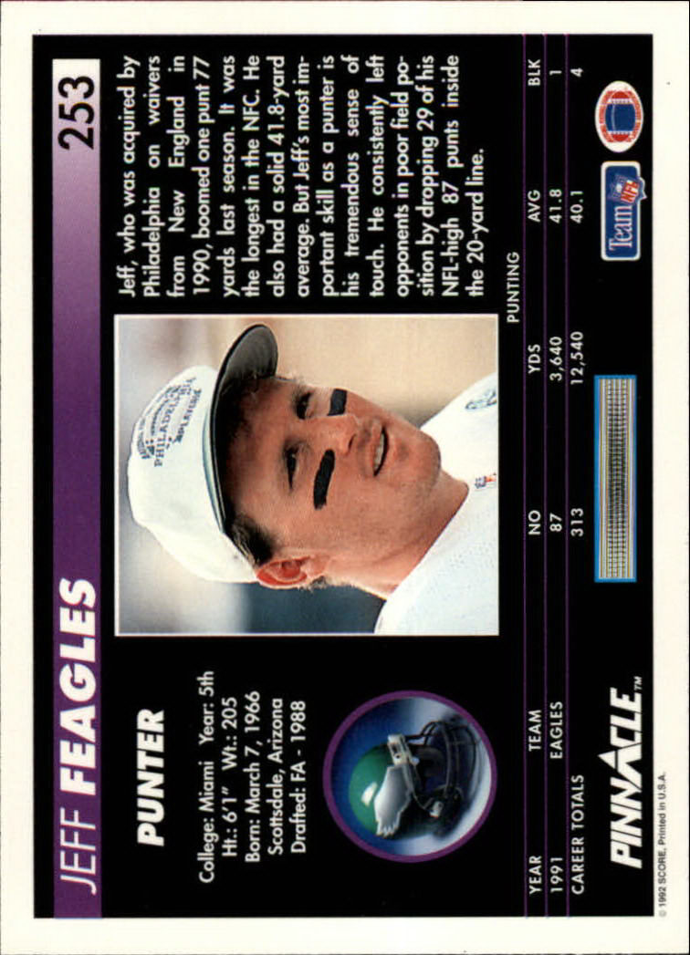 1992 Pinnacle #253 Jeff Feagles back image