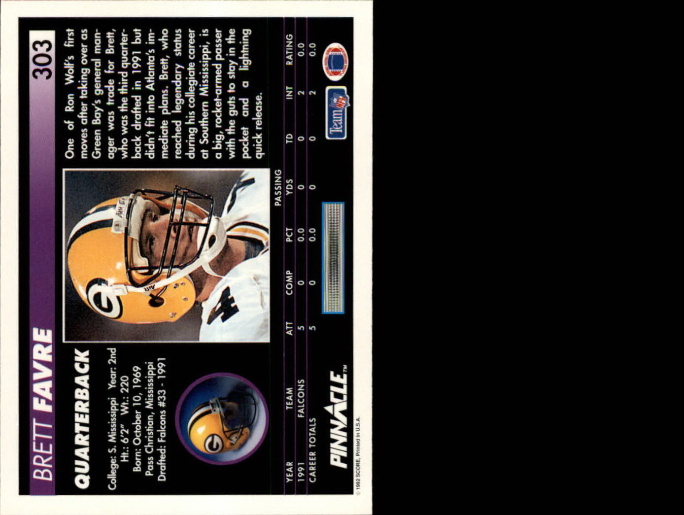 1992 Pinnacle #303 Brett Favre back image