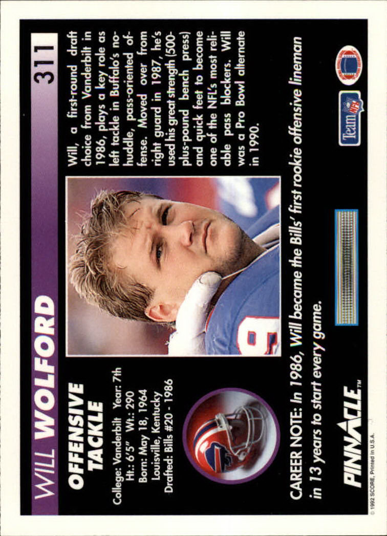 1992 Pinnacle #311 Will Wolford back image