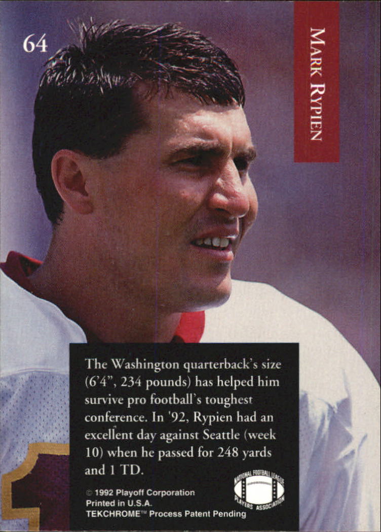 1992 Playoff #64 Mark Rypien back image