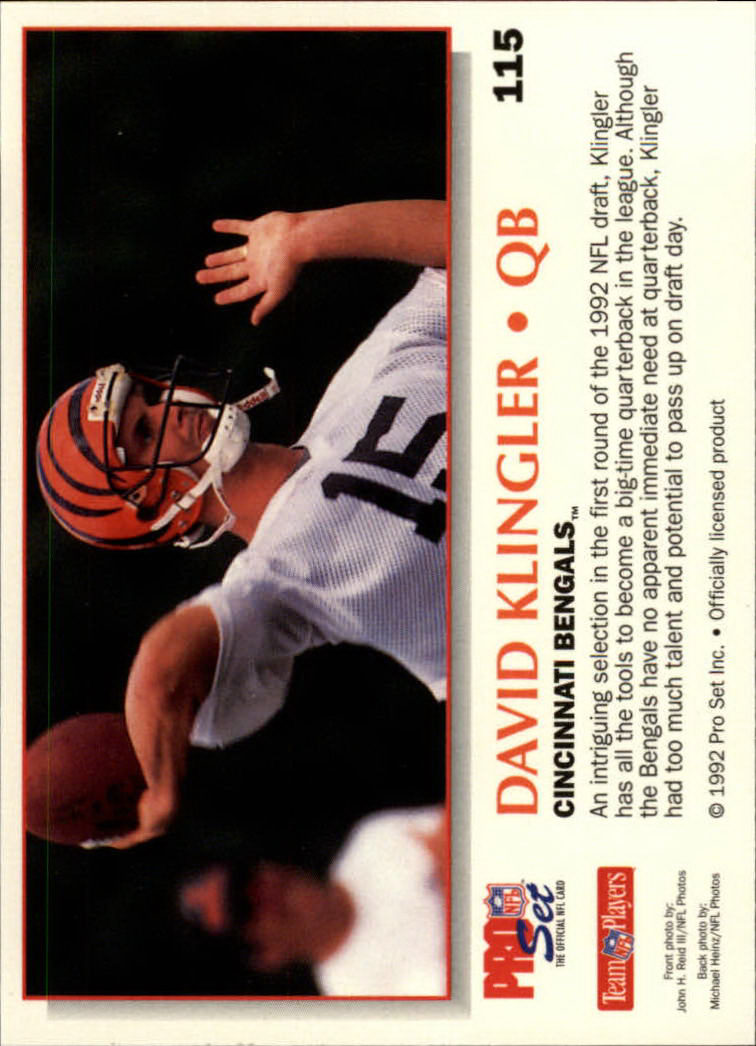 1992 Power #115 David Klingler RC back image