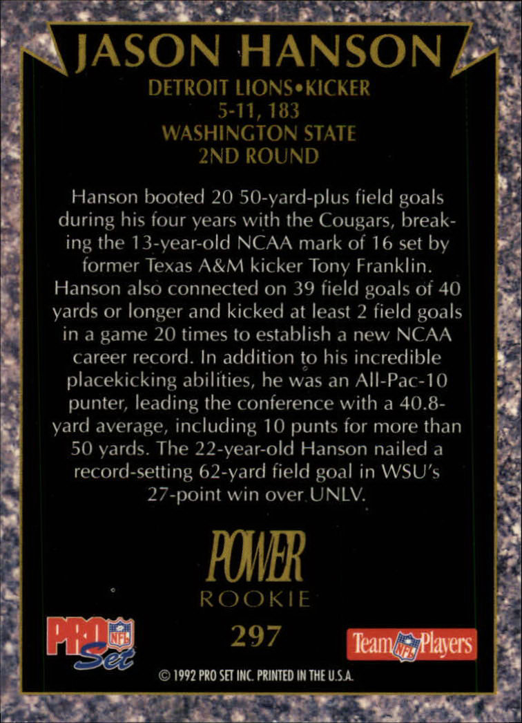 1992 Power #297 Jason Hanson RC back image