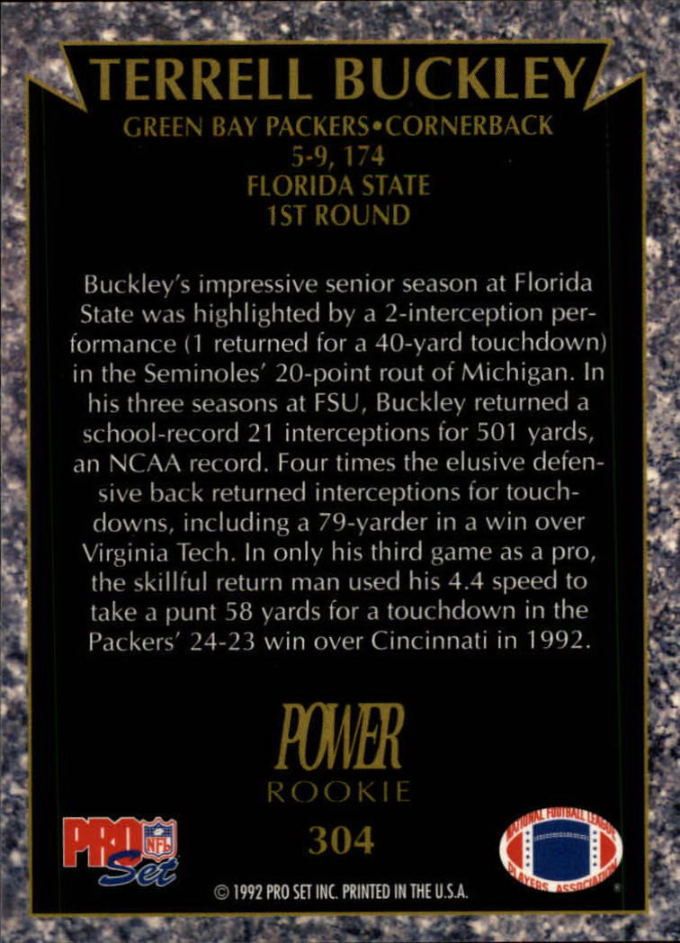 1992 Power #304 Terrell Buckley RC back image