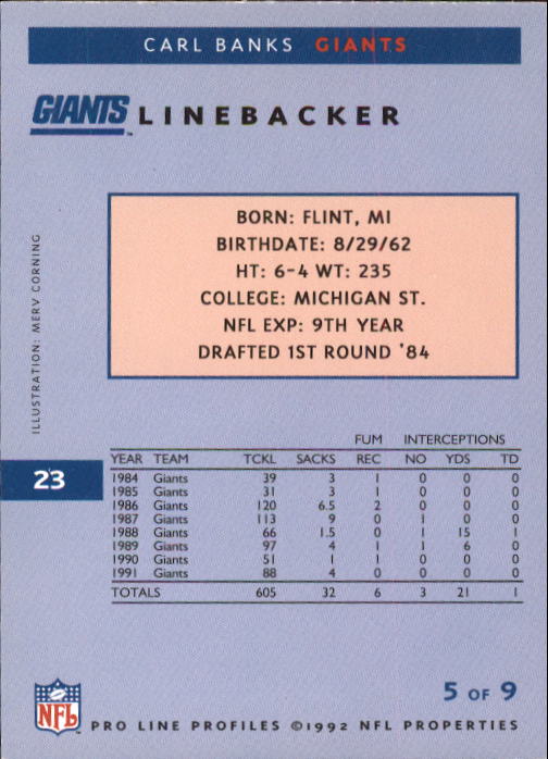 1992 Pro Line Profiles #23 Carl Banks back image