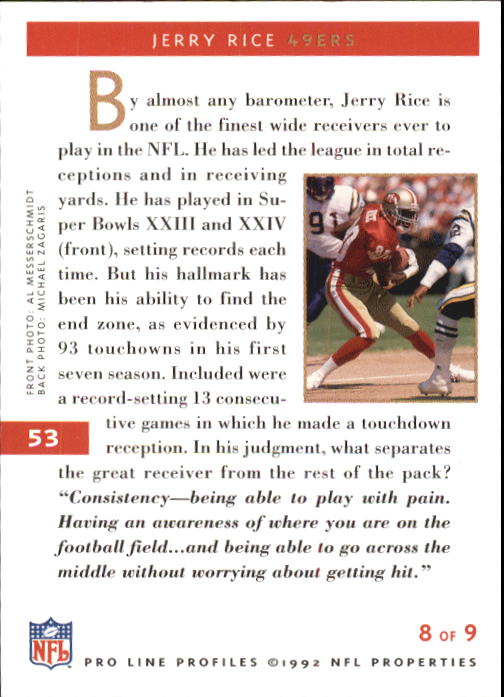 1992 Pro Line Profiles Football "Main Set" Base Cards #1 to #180 - Picture 107 of 360