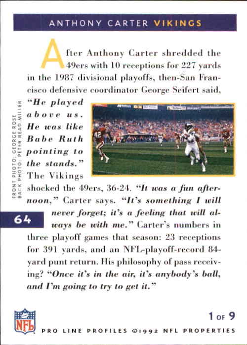 1992 Pro Line Profiles #64 Anthony Carter back image