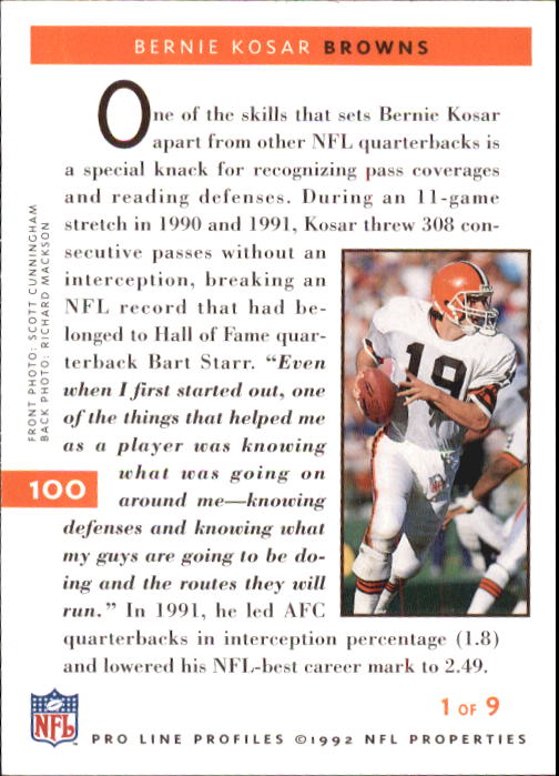 1992 Pro Line Profiles Football "Main Set" Base Cards #1 to #180 - Picture 201 of 360