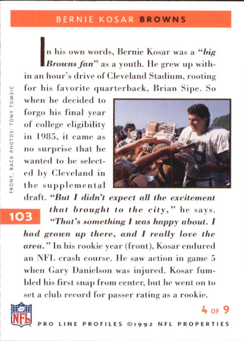 1992 Pro Line Profiles #103 Bernie Kosar back image