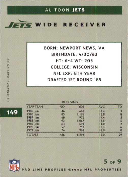 1992 Pro Line Profiles Football "Main Set" Base Cards #1 to #180 - Picture 298 of 360