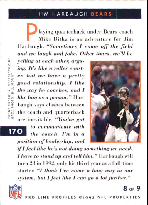1992 Pro Line Profiles #170 Jim Harbaugh back image