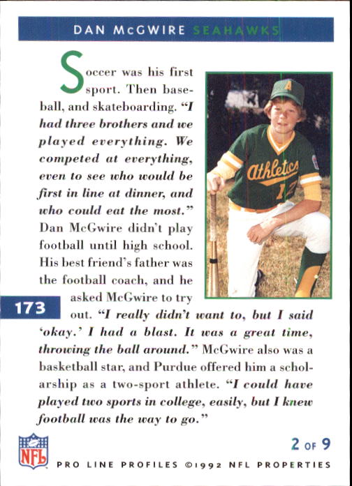 1992 Pro Line Profiles #173 Dan McGwire back image