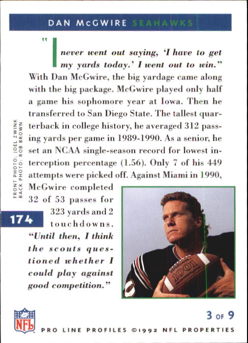 1992 Pro Line Profiles Football "Main Set" Base Cards #1 to #180 - Picture 348 of 360