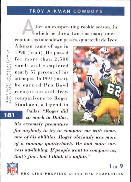 1992 Pro Line Profiles #181 Troy Aikman back image