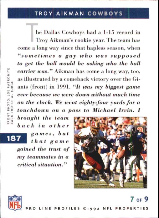 1992 Pro Line Profiles #187 Troy Aikman back image