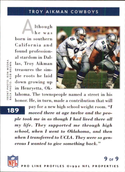 1992 Pro Line Profiles #189 Troy Aikman back image