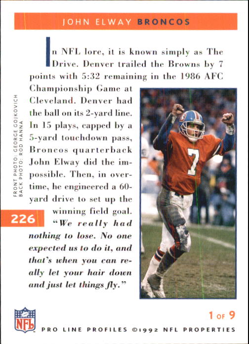 1992 Pro Line Profiles #226 John Elway back image