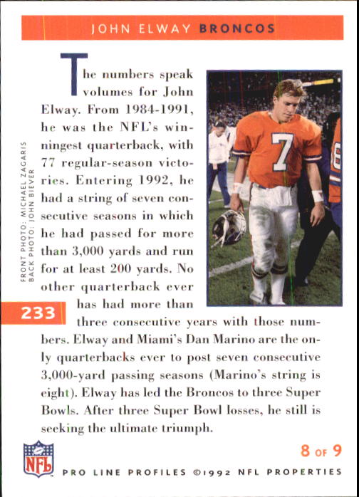 1992 Pro Line Profiles #233 John Elway back image