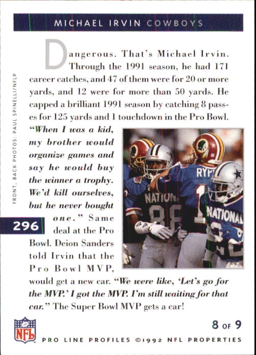 1992 Pro Line Profiles #296 Michael Irvin back image