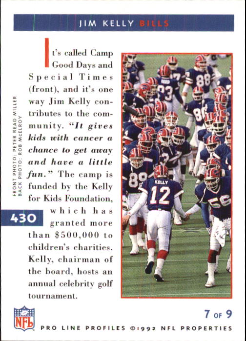 1992 Pro Line Profiles #430 Jim Kelly back image