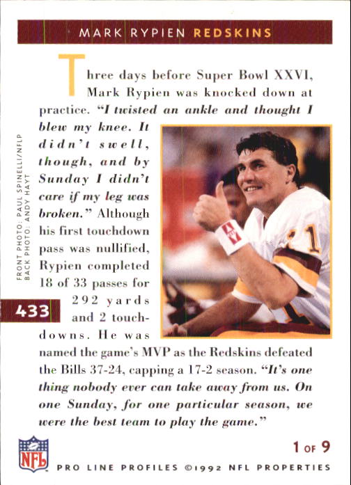 1992 Pro Line Profiles Football "Main Set" Base Cards #361 to #495, Checklists - Picture 147 of 289