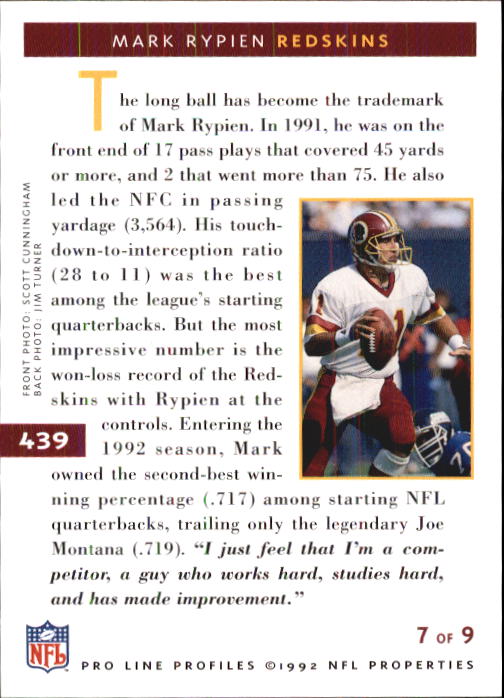1992 Pro Line Profiles #439 Mark Rypien back image