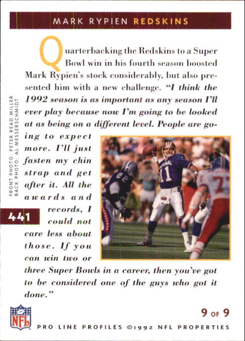 1992 Pro Line Profiles Football "Main Set" Base Cards #361 to #495, Checklists - Picture 163 of 289