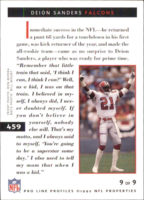 1992 Pro Line Profiles #459 Deion Sanders - NM-MT