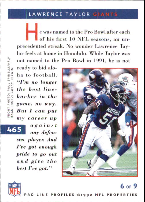 1992 Pro Line Profiles #465 Lawrence Taylor back image