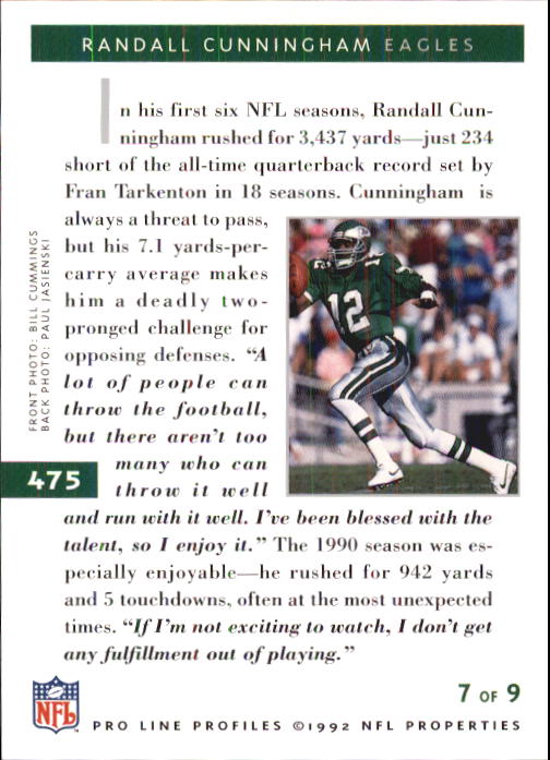 1992 Pro Line Profiles #475 Randall Cunningham back image