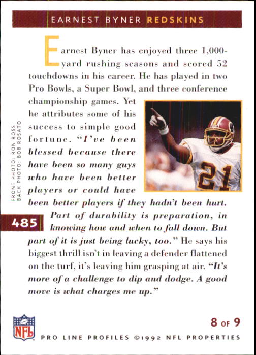 1992 Pro Line Profiles Football "Main Set" Base Cards #361 to #495, Checklists - Picture 251 of 289