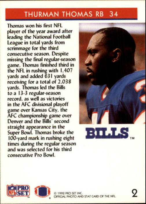 1992 Pro Set #2 Thurman Thomas POY/PLayer of the Year back image