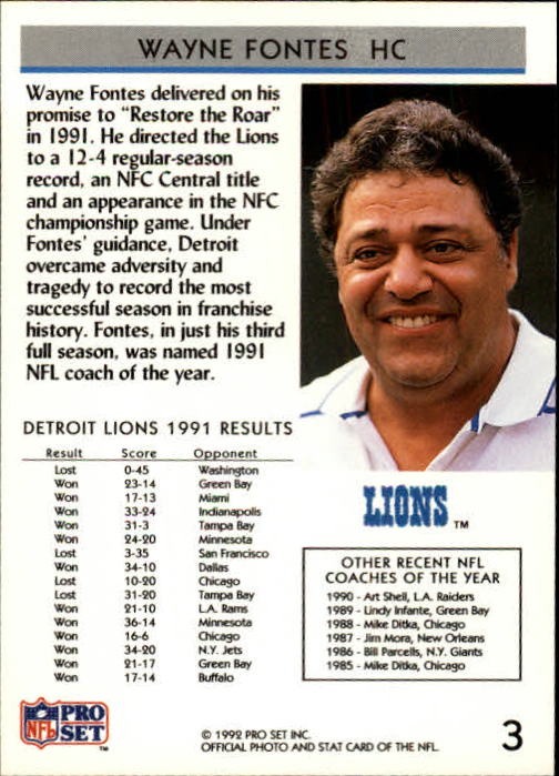 1992 Pro Set #3 Wayne Fontes COY/Coach of the Year back image