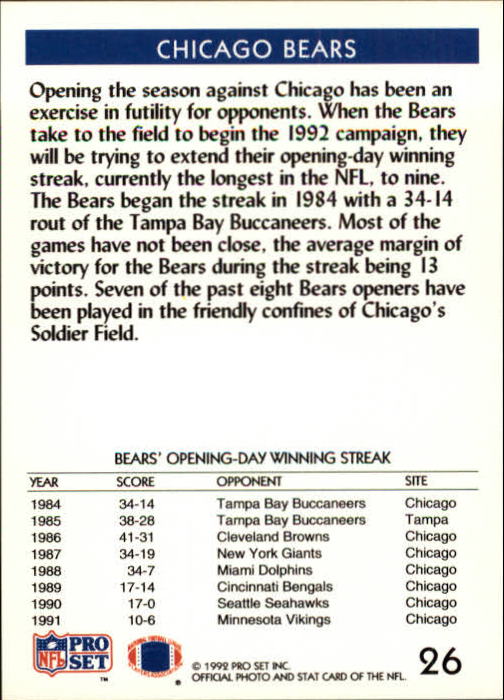 1992 Pro Set #26 Chicago Bears MILE/8 Straight Opening Wins back image