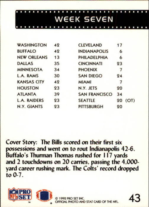 1992 Pro Set #43 Week 7 REPLAY/Thurman Thomas back image