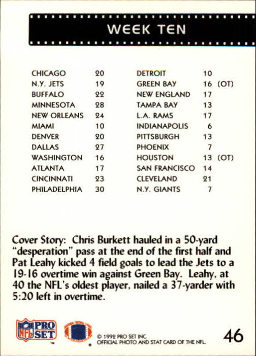 1992 Pro Set #46 Week 10 REPLAY/Chris Burkett back image
