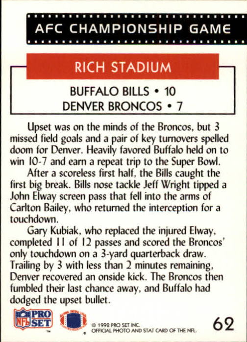 1992 Pro Set #62 AFC Champ. REPLAY/Carlton Bailey back image
