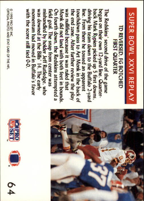 1992 Pro Set #64 Super Bowl XXVI REPLAY/TD Reversed, FG Botched back image