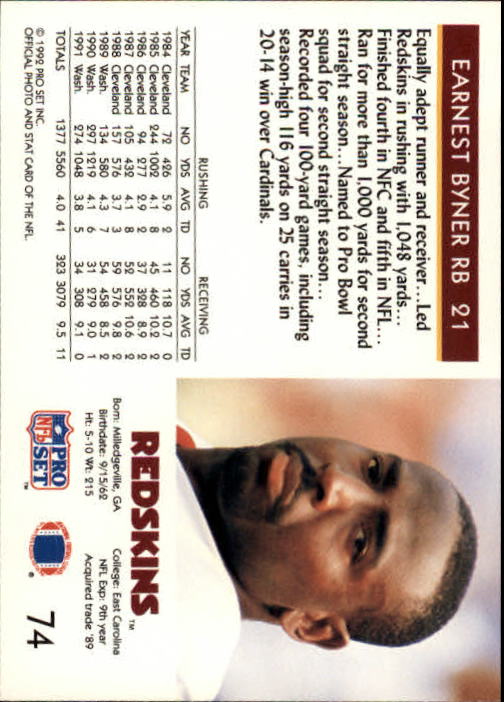 1992 Pro Set #74 Earnest Byner back image