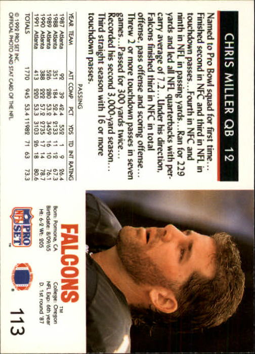 1992 Pro Set #113 Chris Miller back image