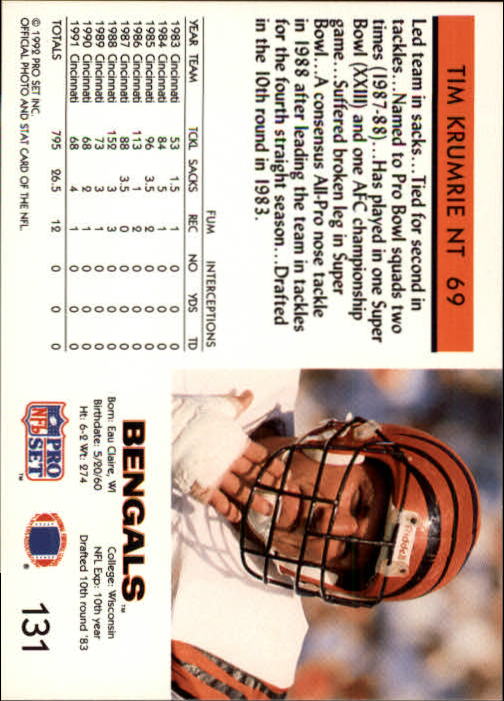 1992 Pro Set #131 Tim Krumrie UER/(Misspelled Krumerie on front) back image