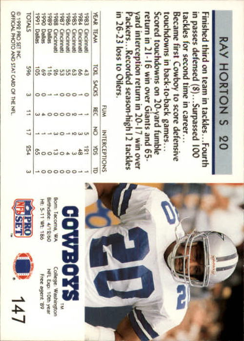 1992 Pro Set #147 Ray Horton back image