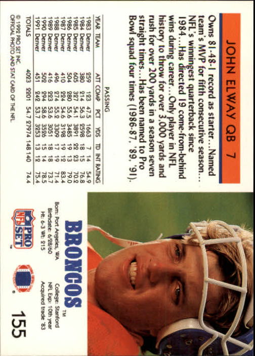 1992 Pro Set #25 John Elway MILE/2,000 Completed Passes - NM-MT